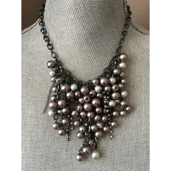 Gray & Brown Faux Pearls & Rhinestones Chain Fringe Necklace Adjustable 17"-20" - Picture 2 of 4